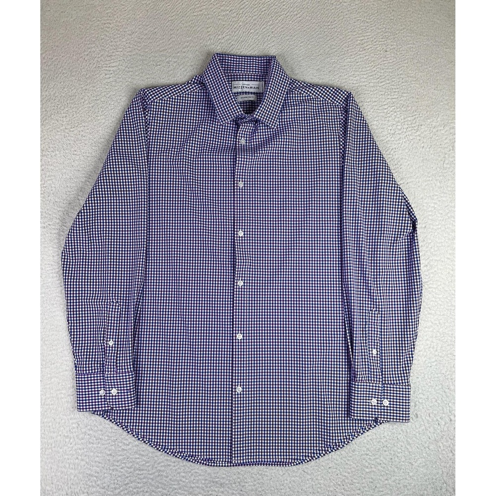 Mizzen+Main Leeward Dress Shirt Mens 2XL Blue Gingham Trim Fit Stretch L-10007